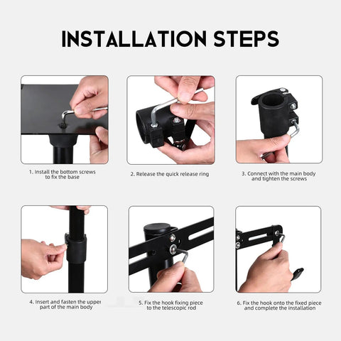 Installation steps for Heavy Duty Bike Repair Stand With Hook Mount, showcasing assembly and height adjustment from 80 to 130 cm.