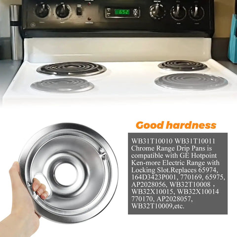 Chrome Range Drip Pans for Electric Stoves, 4 Pack Fits GE Hotpoint Kenmore Electric Ranges with Locking Slot
