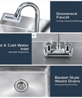 Heavy Duty Built Tough Stainless Steel Commercial Hand Sink With Wall Mount Design And Gooseneck Faucet NSF Listed For Restaurant Kitchen Bar Home Use 17 By 15 Inch Pro Grade Hygiene And Durability TP 8000A with gooseneck faucet, hot and cold water inlet, basket-style waste drain.