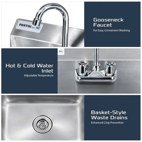 Heavy Duty Built Tough Stainless Steel Commercial Hand Sink With Wall Mount Design And Gooseneck Faucet NSF Listed For Restaurant Kitchen Bar Home Use 17 By 15 Inch Pro Grade Hygiene And Durability TP 8000A with gooseneck faucet, hot and cold water inlet, basket-style waste drain.