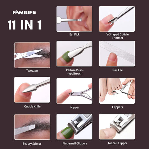 11 In 1 Manicure Kit With Stainless Steel Nail Clippers showing tools like ear pick, cuticle trimmer, and nail file in dark violet case.