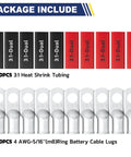 Heavy Duty Beefed Up Tinned Copper Battery Lugs Set For 4 AWG Wire Ends With Five Sixteenth Inch Ring Terminals And Ten Pieces Three To One Adhesive Heat Shrink Tubing Durable Cable Ends Kit showing components