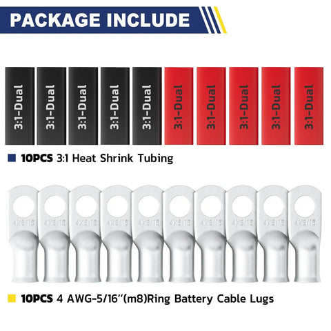 Heavy Duty Beefed Up Tinned Copper Battery Lugs Set For 4 AWG Wire Ends With Five Sixteenth Inch Ring Terminals And Ten Pieces Three To One Adhesive Heat Shrink Tubing Durable Cable Ends Kit showing components