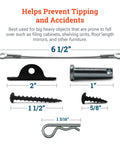 Anti Tip Furniture Anchors For Dresser, Bookshelf And Cabinet Safety kit showing components with dimensions for earthquake resistance.