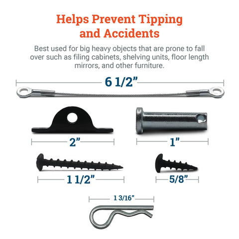 Anti Tip Furniture Anchors For Dresser, Bookshelf And Cabinet Safety kit showing components with dimensions for earthquake resistance.