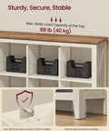 Close-up on Hella Spacious Farmhouse Nine Cube Bookshelf With Heavy Duty Legs And Adjustable Shelves In Cloud White And Warm Brown for safety features.