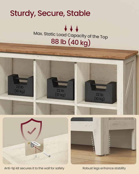 Close-up on Hella Spacious Farmhouse Nine Cube Bookshelf With Heavy Duty Legs And Adjustable Shelves In Cloud White And Warm Brown for safety features.