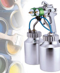 Heavy Duty Double Nozzle Pneumatic Paint Spray Gun With Rugged Stainless Steel Interior And Point Three Millimeter Tips and dual paint cups