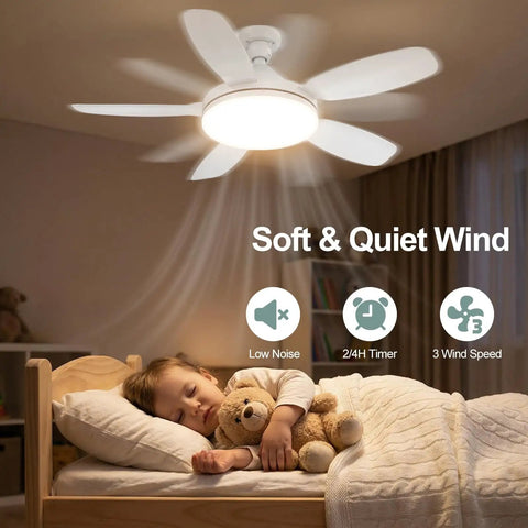 Child sleeping under 32 Inch Socket Fan Light With Remote Ultra Bright 3000 Lumen Ceiling Fan Light Combo E26/E27 in bedroom.