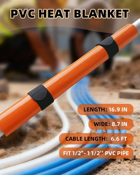 Heavy Duty PVC Heat Blanket For Conduit Bending Up To 1-1/2 Inch. Orange blanket shown fitting various PVC pipes.