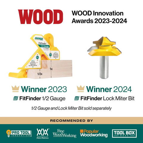 Grab This Knockout Lock Miter Router Bit For Flawless Woodworking Joints With Zero Sweat Setup And A Pro Grade Half Inch Shank That Guarantees Dead On Cabinet Alignment Every Single Project displayed alongside 1/2 gauge.