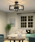 Modern living room with Black Farmhouse Semi Flush Mount Ceiling Light Fixture With Four Lights Rustic Industrial Metal Rectangle Ceiling Lamp