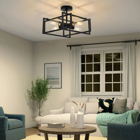 Modern living room with Black Farmhouse Semi Flush Mount Ceiling Light Fixture With Four Lights Rustic Industrial Metal Rectangle Ceiling Lamp