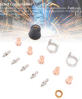 Pro Grade Plasma Cutter Consumables Kit With 48 Pieces IPT40 Electrodes Nozzles Cups And Standoff Guides displayed on white