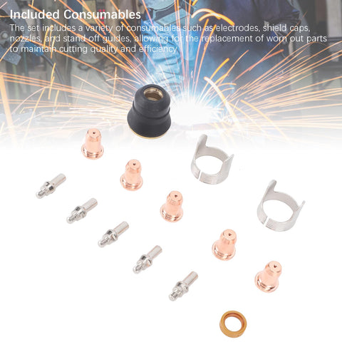 Pro Grade Plasma Cutter Consumables Kit With 48 Pieces IPT40 Electrodes Nozzles Cups And Standoff Guides displayed on white