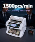 Fast Money Counter With UV MG IR Detection And LCD Display showing 1500pcs per min, two men in suits in the background