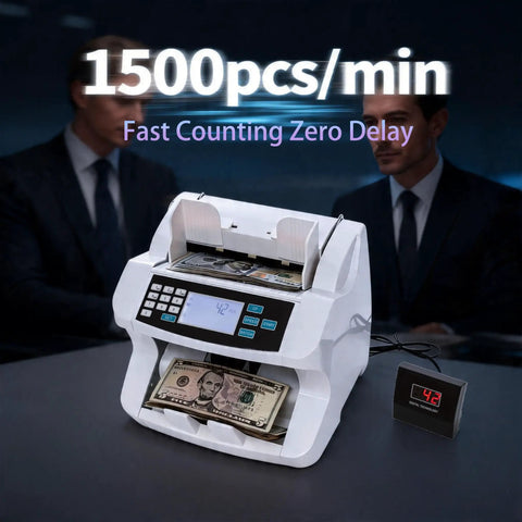 Fast Money Counter With UV MG IR Detection And LCD Display showing 1500pcs per min, two men in suits in the background