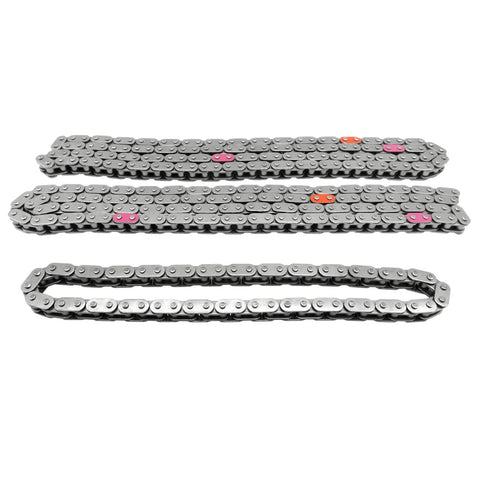 Three timing chains from Kia 3.3 Timing Chain Kit For Sorento Sedona Cadenza K900 And Hyundai Azera Santa Fe Genesis G70 G90 3.3L 2013-2020 12 Piece Kit With 24321-3L100 24410-3CGA3 24322-3CGA1 laying flat