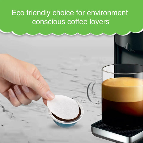 Hand placing Coffee Pod Paper Filters For Nespresso VertuoLine Brewers Use With Reusable Caps To Refill Your Own Coffee Capsules Pack Of 100