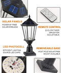 Solar Post Lights With 3-Inch Base Adapter, Aluminum Pillar Lamp With Clear Glass, remote control, and solar panels shown