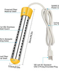 Portable 1500W Submersible Immersion Water Heater With 304 Stainless Steel Guard For Buckets Heats 5 Gallons Of Water In Minutes 120V Electric Bucket Warmer Yellow with labeled parts and dimensions.