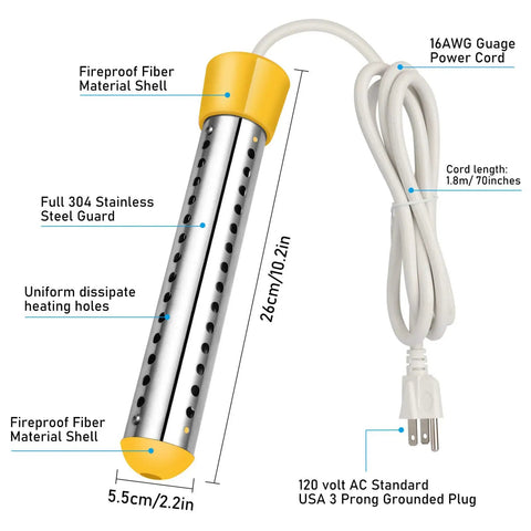 Portable 1500W Submersible Immersion Water Heater With 304 Stainless Steel Guard For Buckets Heats 5 Gallons Of Water In Minutes 120V Electric Bucket Warmer Yellow with labeled parts and dimensions.