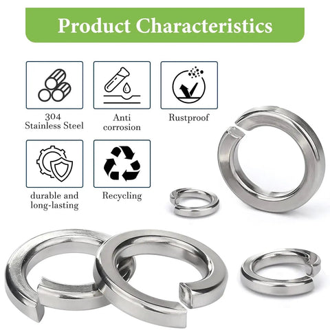 SAE Spring Lock Washers Assortment Kit 910 Pack With Nine Sizes In 304 Stainless Steel display with icons for anti-corrosion