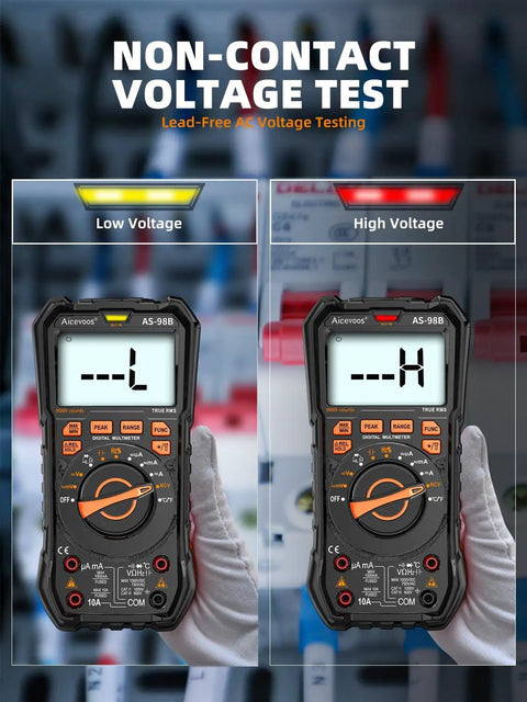 Digital Multimeter With Auto Range, 9999 Counts shown testing low and high voltage in non-contact mode