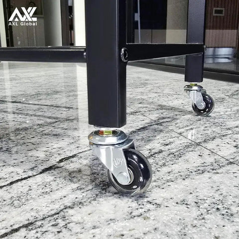 40Mm M6-1.0 Threaded Stem Caster Wheels Inline Skate Style Polyurethane Swivel Casters Set Of 4 on a rolling cart, showing smooth operation on tile.