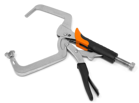 4 Inch Right Angle Clamp For Woodworking And Pocket Hole Joinery With Swiveling Non Marring Pads And Soft Grip Handles Quick Release Lever for Rock Solid 90 Degree Joints