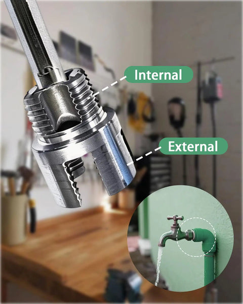 Heavy Duty Water Pipe Wrench Dual Function Threading Tool showing internal and external threading for 1/2 and 3/4 inch pipes.