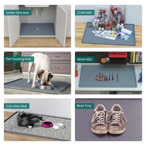 Silicone 28x22 Inch Under Sink Tray used as pet feeding, craft, work, cat litter, and boot tray, waterproof flexible liner.