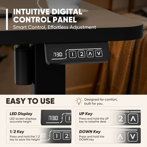 Close-up of intuitive digital control panel on 55 By 24 Inch Electric Height Adjustable Standing Desk For Home Office With Memory Preset And T Shaped Metal Bracket Big Sit Stand Computer Desk Black.