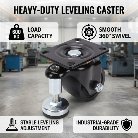 3 Inch Leveling Plate Caster Wheels With Adjustable Feet For Heavy Duty Workshop Gear Smoother Than Butter Swivel Action Dead Nuts Secure At 1322 Lbs Solid Rust Resistant Steel with 600 kg load capacity.