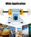 Heavy Duty Top Notch 320W Variable Speed Bench Polisher Built Like A Tank For Jewelry Crafters And Weekend Warriors Featuring Knockout RPM And Sweet Cooling Vents with polishing wheels and control dial.