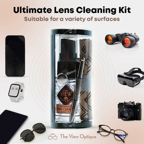 Fresh Eyes On The Go Lens Cleaning And Repair Kit With Half Ounce Antireflective Safe Spray Ultra Soft Microfiber Cloth Pocket Sized keychain screwdriver in sleek vinyl case.