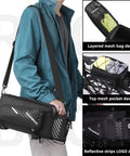 Person holding 13L Expandable Bike Rack Bag with rain cover, showing mesh bag, pocket, and reflective strips on rear trunk pannier.