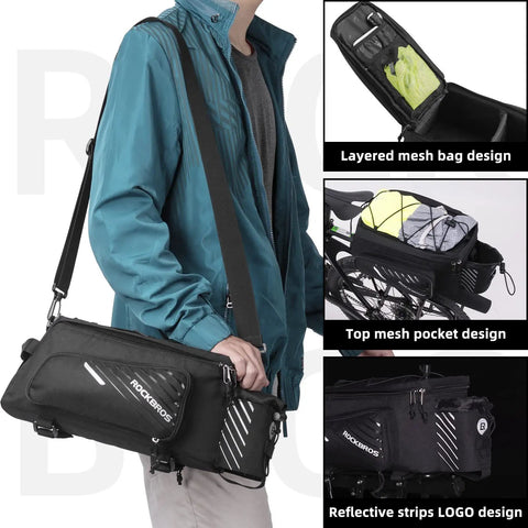 Person holding 13L Expandable Bike Rack Bag with rain cover, showing mesh bag, pocket, and reflective strips on rear trunk pannier.