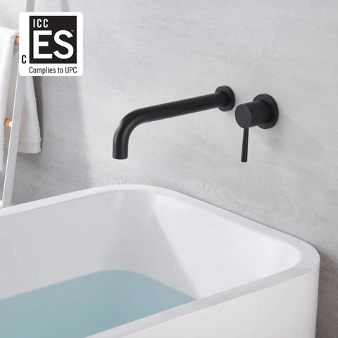 Dope Matte Black Wall Mount Tub Filler With Extra Long Spout Single Handle Bath Faucet Brass Rough In Valve over white tub