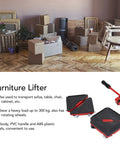 Heavy Duty Furniture Lifter And Slider Set With 360 Swivel Wheels, No Sweat Appliance Moving Aid Up To 660 Pounds, Smooth As Silk Glides For Hardwood Floors And Offices, Red Five Piece Kit on display among boxes in a room.