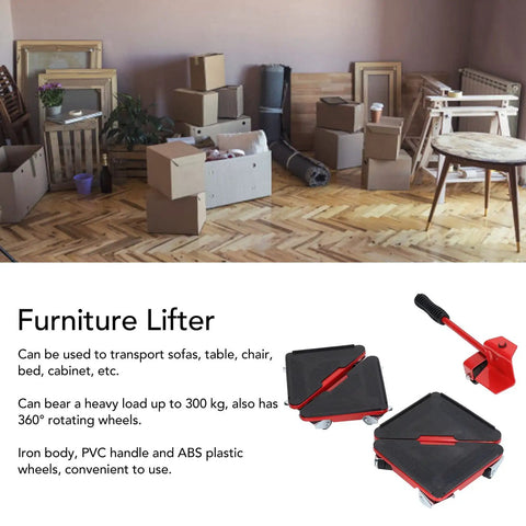 Heavy Duty Furniture Lifter And Slider Set With 360 Swivel Wheels, No Sweat Appliance Moving Aid Up To 660 Pounds, Smooth As Silk Glides For Hardwood Floors And Offices, Red Five Piece Kit on display among boxes in a room.