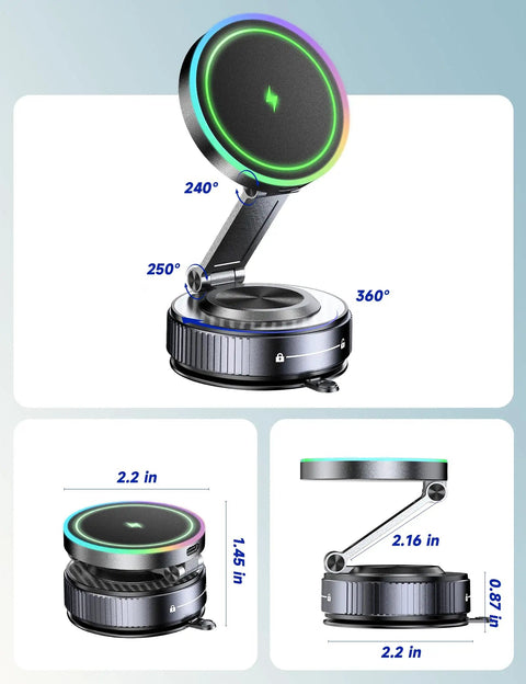 MagSafe Car Mount Charger With 15W Fast Wireless Charging showing 360° rotation and compact dimensions in metal finish.