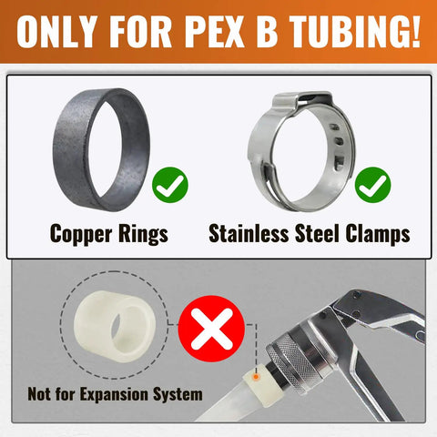 Copper rings and stainless steel clamps for DIY Friendly One Half Inch PEX Fittings Kit usage, not for expansion system