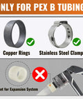 Compatibility details for Pack Of 25 PEX Half Inch NPT Female Threaded Adapters Lead Free Brass Fittings, highlighting copper and steel clamps.