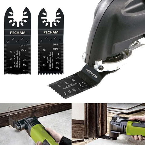 PECHAM 24-piece universal wood/metal oscillating multitool blades; two blades shown with mounted quick-release tool