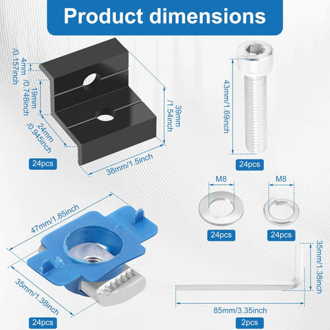 Product dimensions diagram for Heavy Duty Solar Panel End Clamps Twenty Four Pack With Rustproof Black Aluminum Alloy Housing.