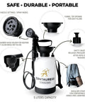 Portable Camping Shower Pump With Showerhead Holder And Safety Valve up to 45 PSI. Includes nozzle, funnel, and strap.