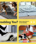 Four Pack Non Slip Rug Tape For Hardwood Floors And Tiles, Heavy Duty, Double Sided Adhesive Carpet Tape To Keep Area Rugs In Place, Reusable Rug Stickers That Grip Corners And Edges, Perfect For High Traffic Homes, collage with people fixing rugs and a dog playing