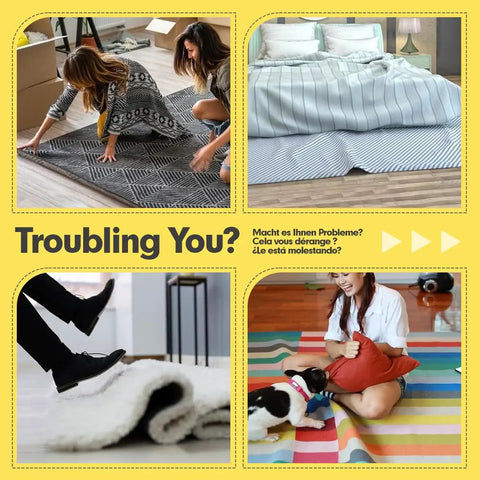 Four Pack Non Slip Rug Tape For Hardwood Floors And Tiles, Heavy Duty, Double Sided Adhesive Carpet Tape To Keep Area Rugs In Place, Reusable Rug Stickers That Grip Corners And Edges, Perfect For High Traffic Homes, collage with people fixing rugs and a dog playing