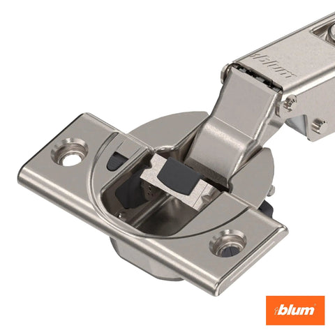 Close-up of Clip Top Hinge Kit With Motion Soft Close For Frameless Cabinets, steel construction, Euro-Style hinge and mounting plate.